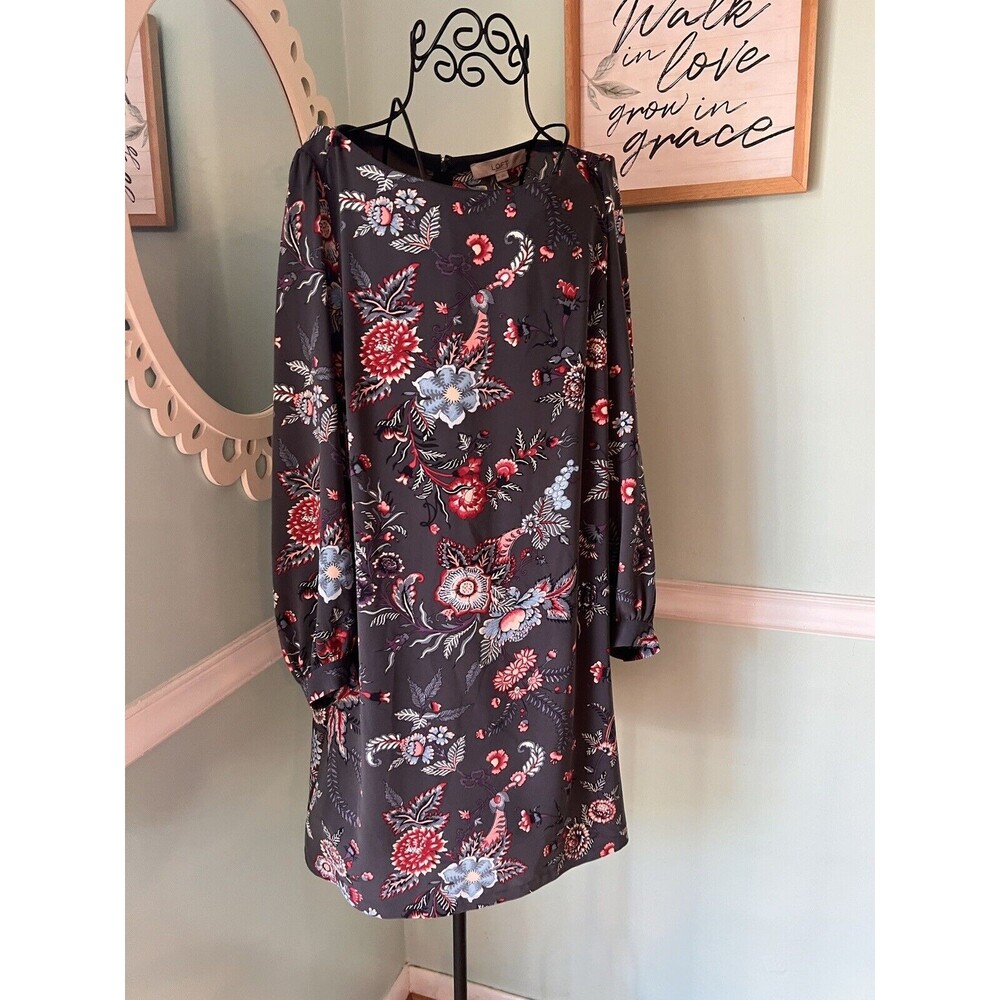 Ann Taylor‎ LOFT Nouveau Garden Cuffed Shirtdress 8 paisley gray Coastal Grey
